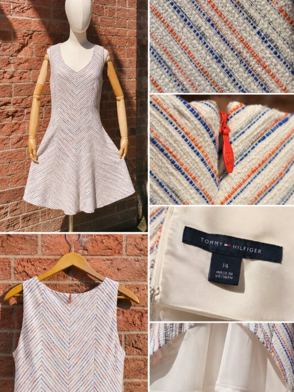 Tommy Hilfiger textured chevron woven flare dress in ivory blue & coral